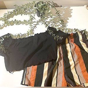 Black crop top with airy black and tan pants :)